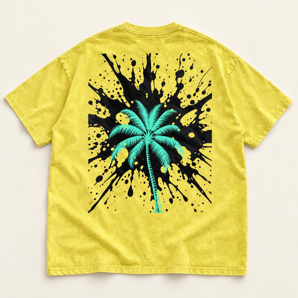 Yellow Oversized Palm Tree T-Shirt, Snow-Washed Cotton, Christian Streetwear