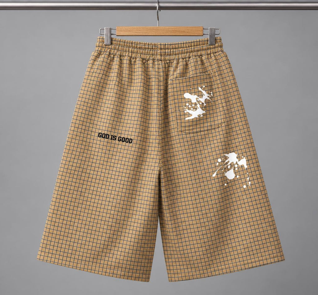 Tan Plaid Palm Tree Shorts, Paint Splash Graphics, Drawstring Bermuda Shorts