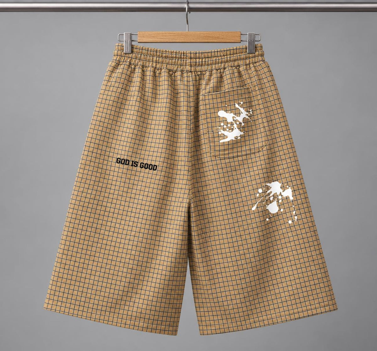 Tan Plaid Palm Tree Shorts, Paint Splash Graphics, Drawstring Bermuda Shorts