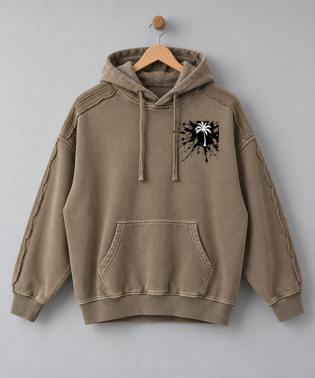 Washed Taupe Oversized Hoodie, Palm Tree Graphic, Exposed Seam Streetwear
