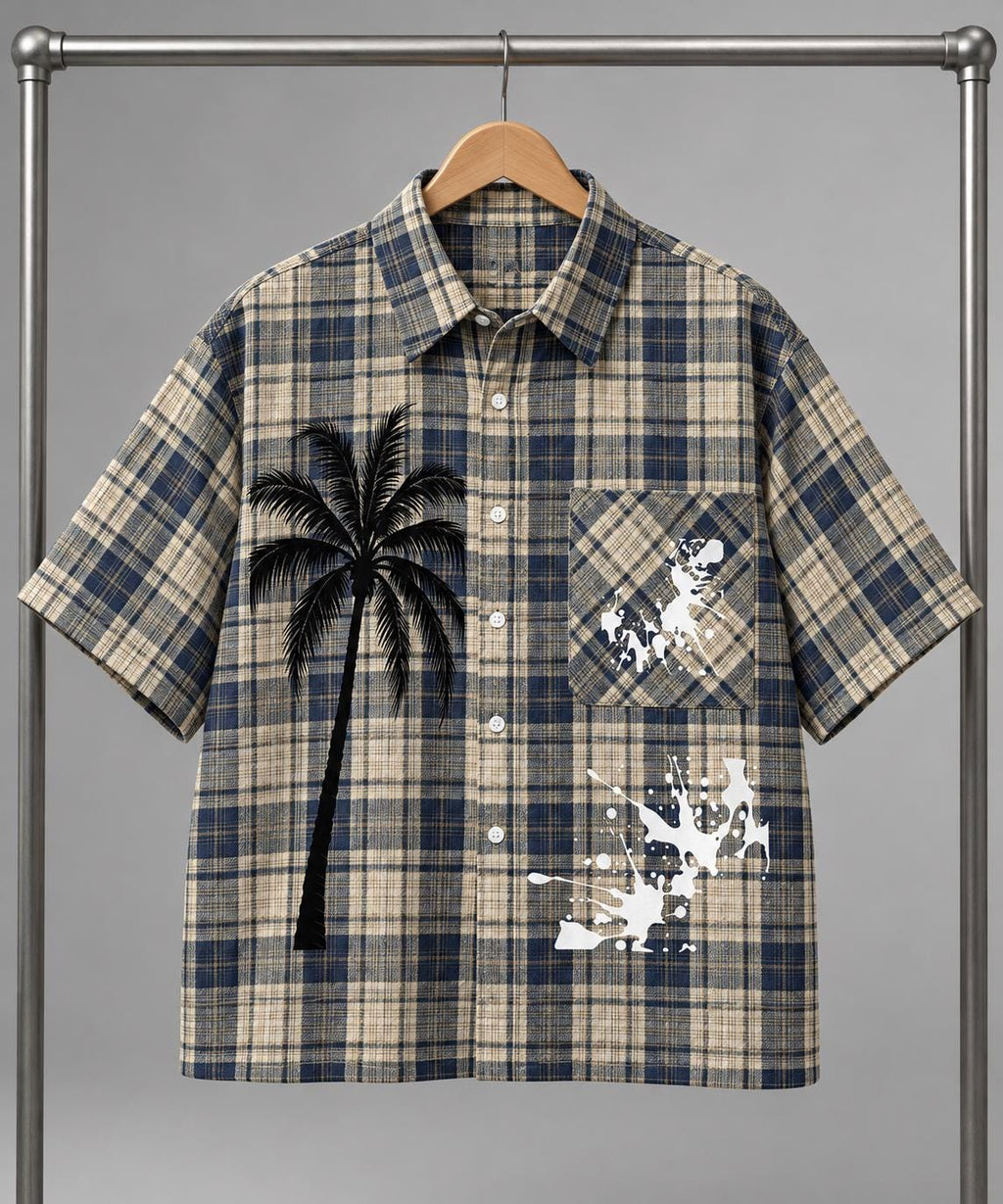 Navy Cream Plaid Button-Up Shirt, Palm Tree Graphic, Oversized Streetwear