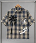 Navy Cream Plaid Button-Up Shirt, Palm Tree Graphic, Oversized Streetwear