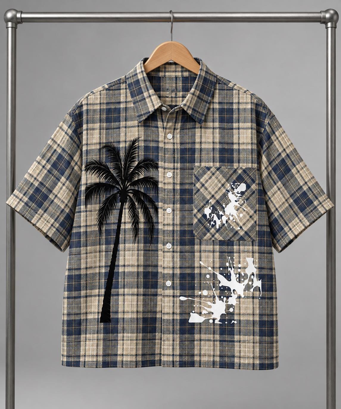 Navy Cream Plaid Button-Up Shirt, Palm Tree Graphic, Oversized Streetwear