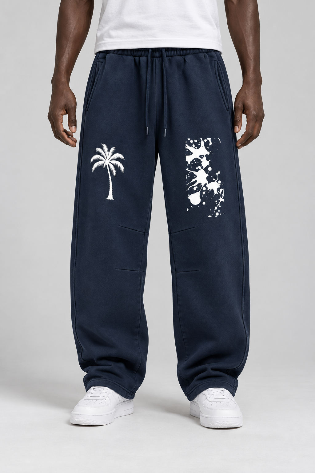 Navy Blue Palm Tree & Paint Splatter Relaxed Sweatpants