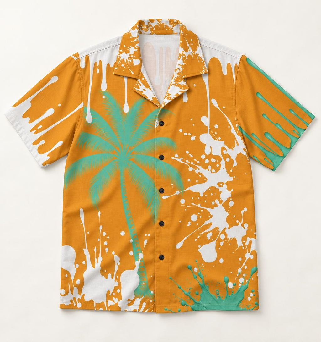 Limited Edition Palm Tree Shirt, Orange Mint Paint Splatter Camp Collar (20 Per Size)