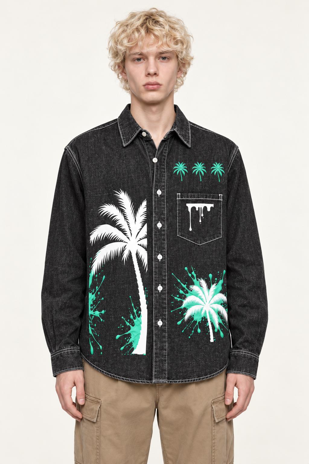 Washed Black Denim Shirt, Palm Tree & Paint Splatter Graphics, Men's Long Sleeve Button-Up