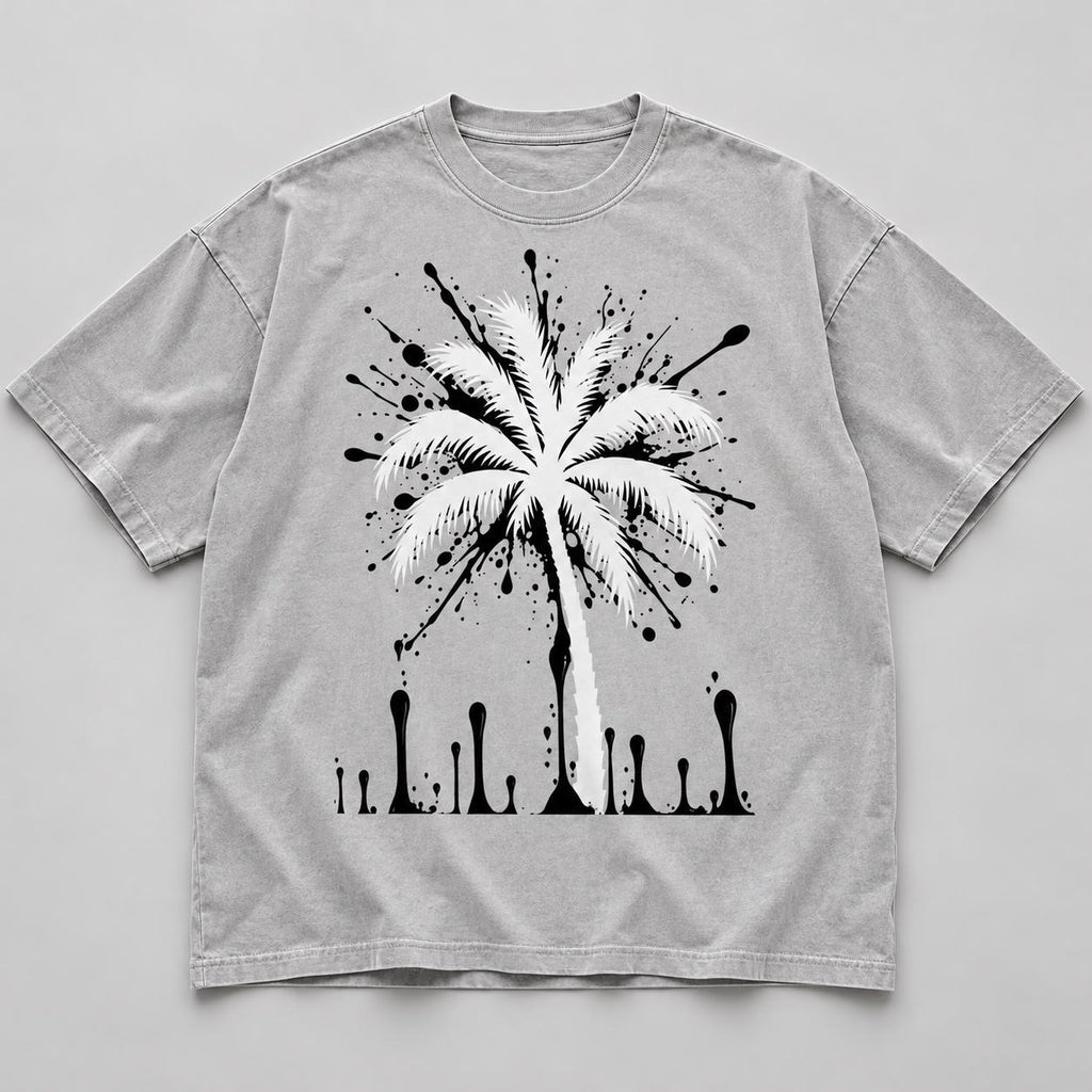Oversized Gray T-Shirt, Palm Tree Paint Splatter, Faith Streetwear
