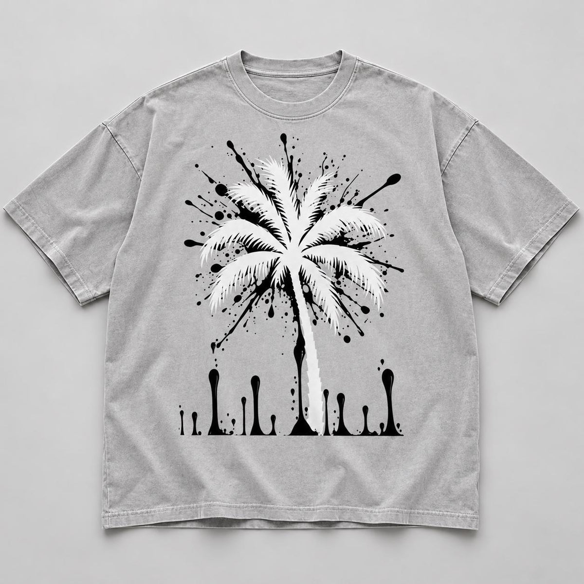 Oversized Gray T-Shirt, Palm Tree Paint Splatter, Faith Streetwear