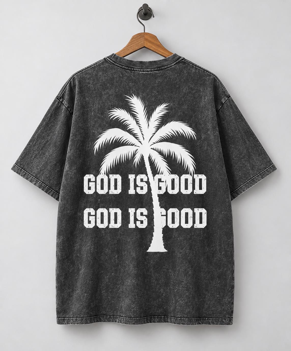 Oversized Washed Charcoal Palm Tree Tee, Pink Splatter, God Is Good (Graphic T-Shirt)